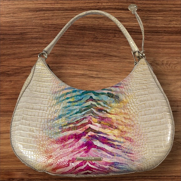 Brahmin Cream Crocodile Embossed Leather Rainbow Hobo Bag Satchel Purse - Picture 13 of 13